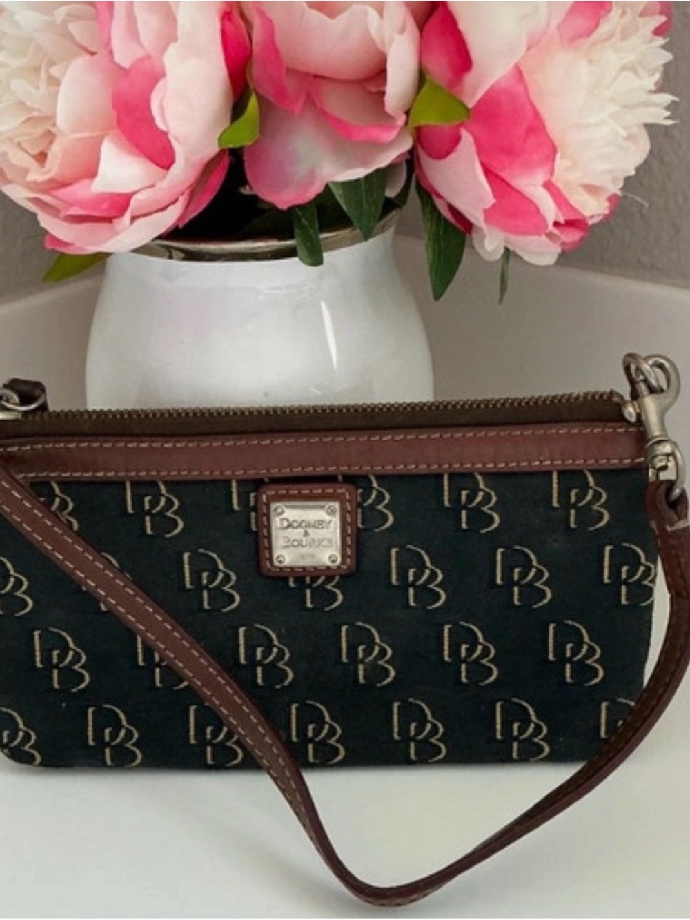 Dooney & Bourke Black DB Monogram Canvas Wristlet Clutch